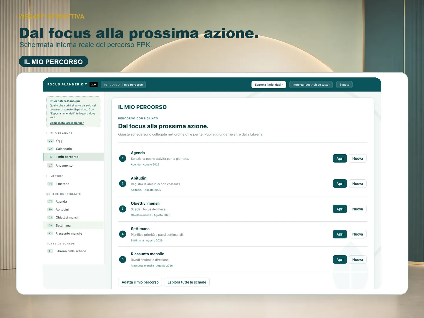La web app del Focus Planner Kit su dispositivo